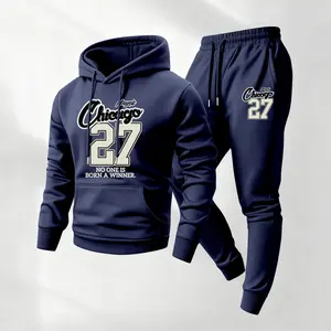 Men's Chicago Printed Hoodie and Drawstring Sweatpants Set, Menswear, Casual Athletic Long Sleeve Hooded Jacket & Trousers for Fall & Winter, Men's Clothing for Daily Wear, Sportswear Indoor Outdoor, Tracksuit, Athleisure Summer Clothes