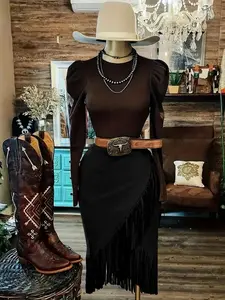 Elegant Women's Asymmetrical Hem Skirt, Faux Leather Fringe Design, Fashionable Vintage Style, Versatile Casual Wear, No Waistband Included, Womenswear, Piece