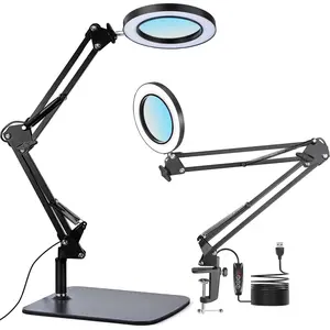 15X Real Glass Lens Magnifying Glass with Light - 3 Color Modes & Adjustable Brightness, Hands-Free Magnifier with Metal Base & Clamp for Crafts, Repair, Reading, Sewing, Painting & Close Work