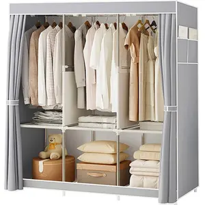 Portable Wardrobe Closet Storage with 3 Hanging Rods,6 Storage Shelves,Side Pocket for Clothes Storage Organizer,Gray Brochao