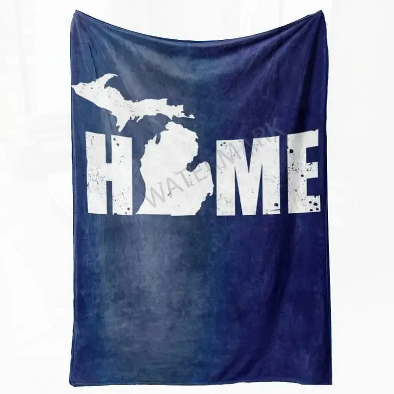 Vintage-Inspired Michigan Flannel Blanket - Soft Plush Navy Blue with UP Map Outline All-Season Comfort for Sofa or Bed Cozy Home Decor | Retro Theme | Plush Texture
