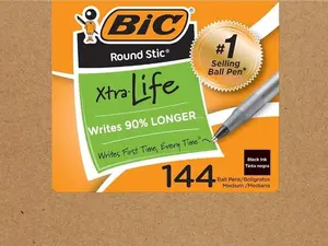 Round Stic Xtra Life Ballpoint Ink Pens, Medium Point (1.0mm), Black Pens, Flexible Round Barrel For Writing Comfort, 144-Count