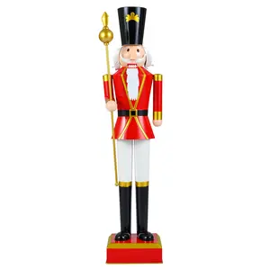 COSTWAY - 4 FT Christmas Nutcracker with High Hat & Beautiful Scepter-Black & Red