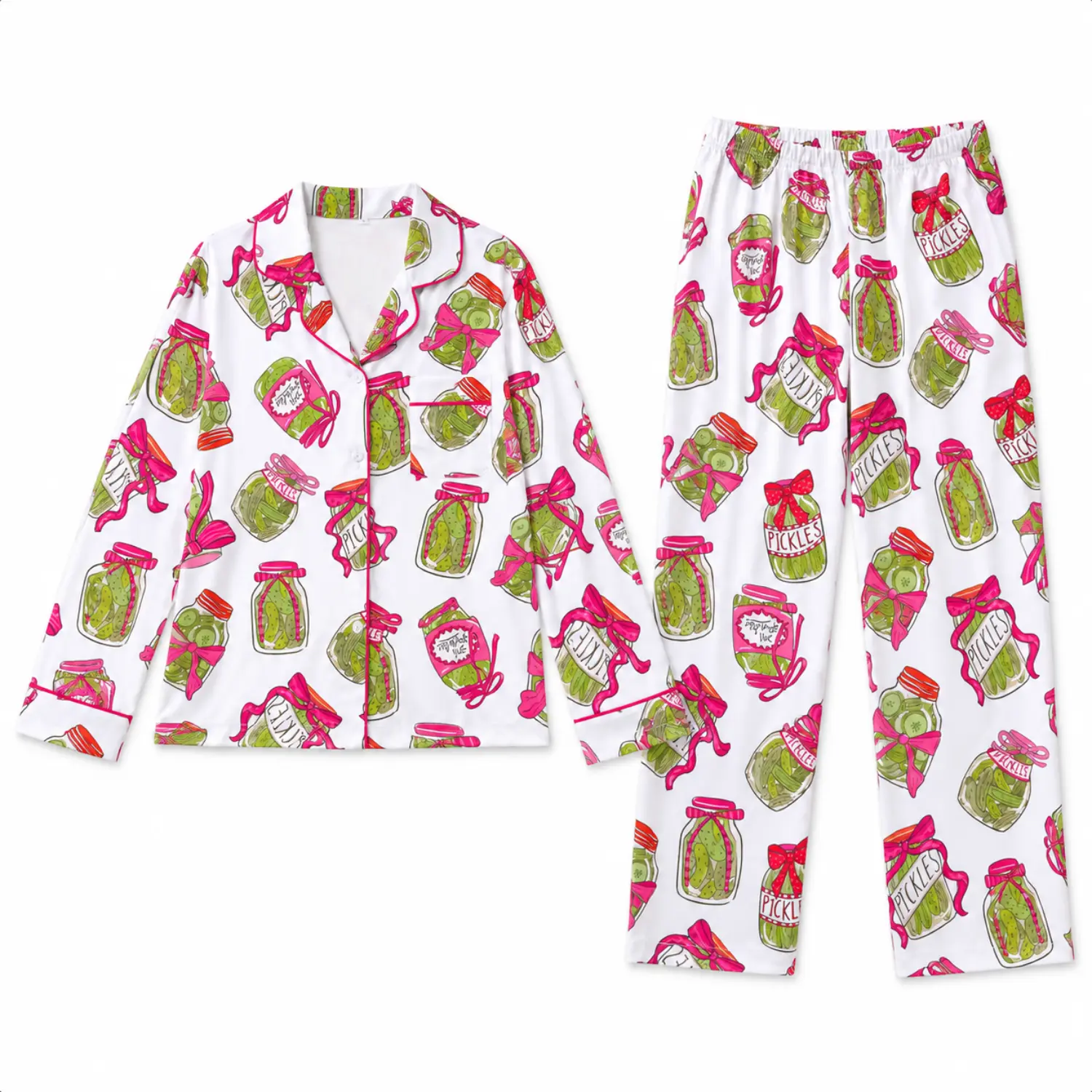 Women's Pickle & Bow Print 2-Piece Pajama Set - Long Sleeve Button-Front Top & Elastic Waist Pants, Women's Loungewear & Sleepwear