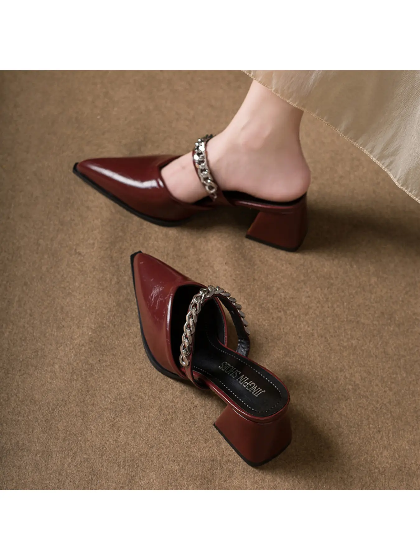 French Retro Pointed Toe Chunky Heel Slip On Mules Sandals Metal Chain Flat Slides Office Commuting Versatile Women Shoes Fits Dresses Suits Jeans Flattering for All Ages and Yellow Skin Tone, Footwear