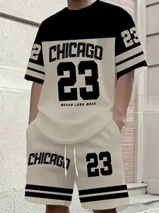 Men's Chicago-inspired color-block print casual and stylish two-piece set, featuring a summer sporty crew neck short-sleeved top and drawstring shorts, suitable for outdoor and street wear, Menswear