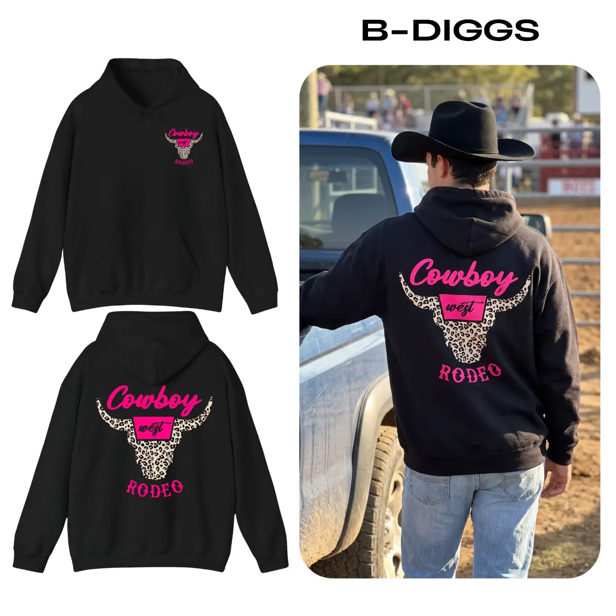 Cowboy Rodeo Hoodie, Western Bull Skull Pink Leopard Graphic Pullover, Trendy Country Style Streetwear, Casual Graphic Hoodie Fashion