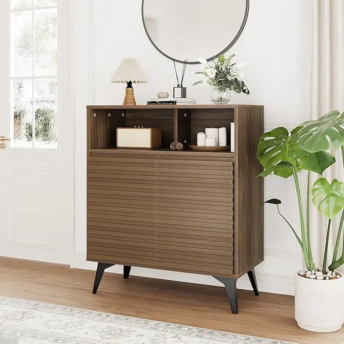 Mid-Century Modern Industrial Wood Sideboard Cabinet - Breathable Fluted Finish, Engineered Wood, Metal Legs, Adjustable Shelves, Pre-Drilled Holes, Tool-Free Assembly, Ventilated Doors, Neutral Tones, Storage Furniture for Living Room, Hallway, Breathabl