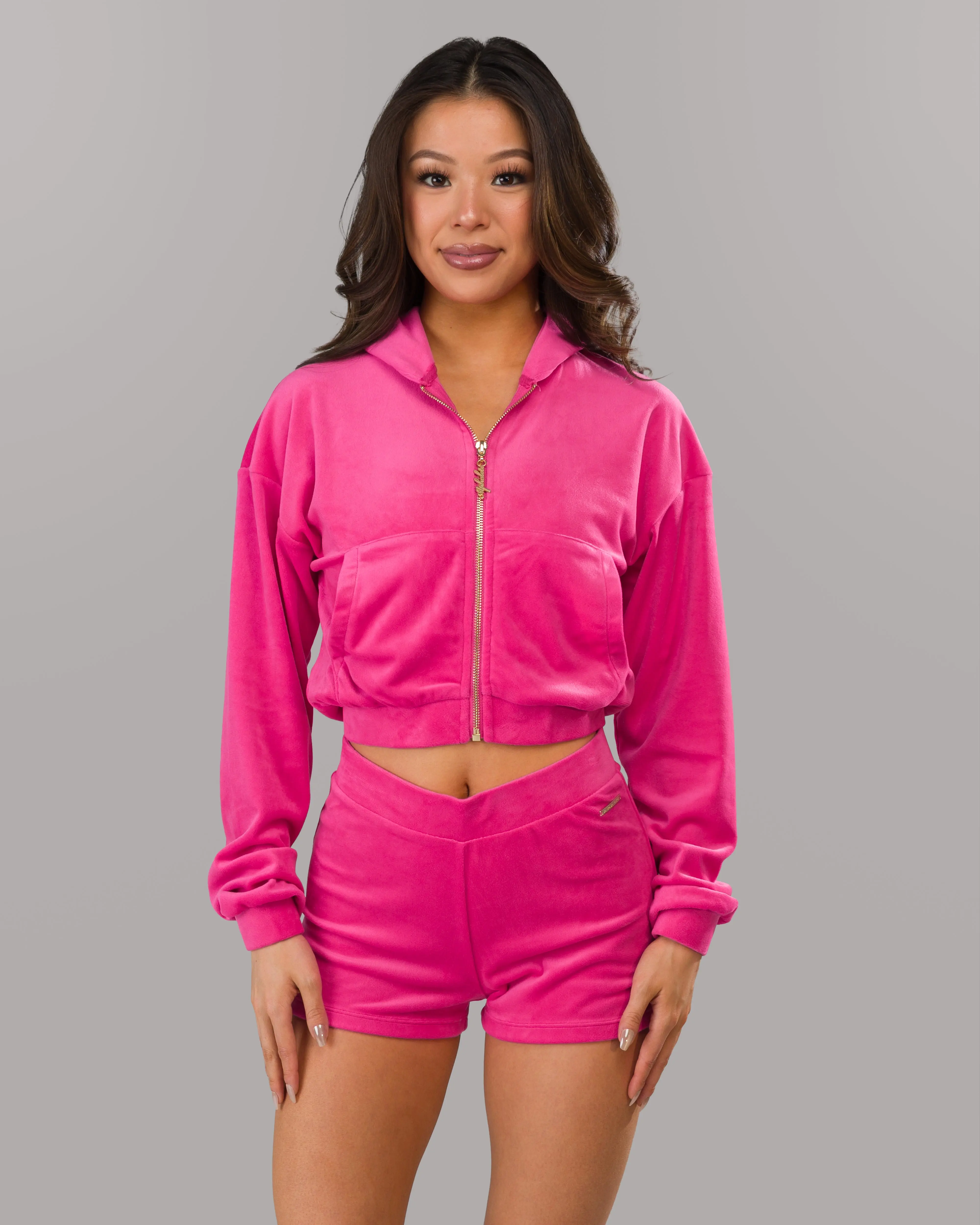 Women's Velour Zip Hoodie - Bloom, Gym Casual Style, Smooth Spandex Fabric, Crop, Fit, Soft, Sweatshirts, Xxs, Female, Stretch Velvet, Spandex Blend, Relaxed Crop, Plush Velvet, Buttery Soft Hoodie, Stretch Spandex