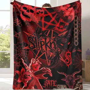 Gothic Dark Art Flannel Blanket Red Black Pentagram Skull Cat and Flame Pattern Soft Warm Cozy AntiPilling Material Perfect for Bedroom Decor Halloween Party Rock Music Lounge Gift for Friends Sofa Throw and Home Collection