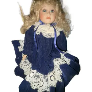 Positive Vessel Haunted Doll Rebecca in Navy Velvet with White Lace Trim and Blonde Curly Hair
