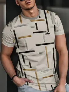 Men's Casual Sporty 3D Printed Striped Geometric Pattern T-Shirt, Breathable Round Neck, Summer Top, Artistic Fashion, Streetwear