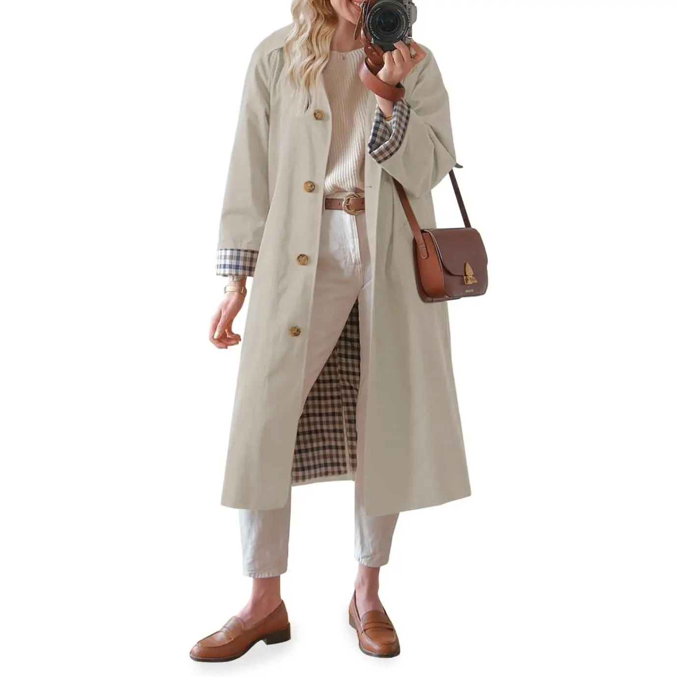 Women's Oversized Long Trench Coat - Single-Breasted, 1-Button, Windproof, Waterproof Polyester Overcoat, Chic Classic Modern Casual Cold Weather Rain Jacket