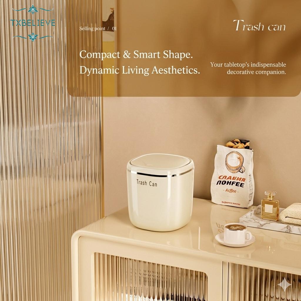 Small Cream/Black Flipping Lid Trash Can for Desk Organization in Dorm and with Space Saving