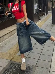 Y2K Vintage Washed Wide Leg Bermuda Denim Shorts – Cat Whisker Pocket Jorts for Festival