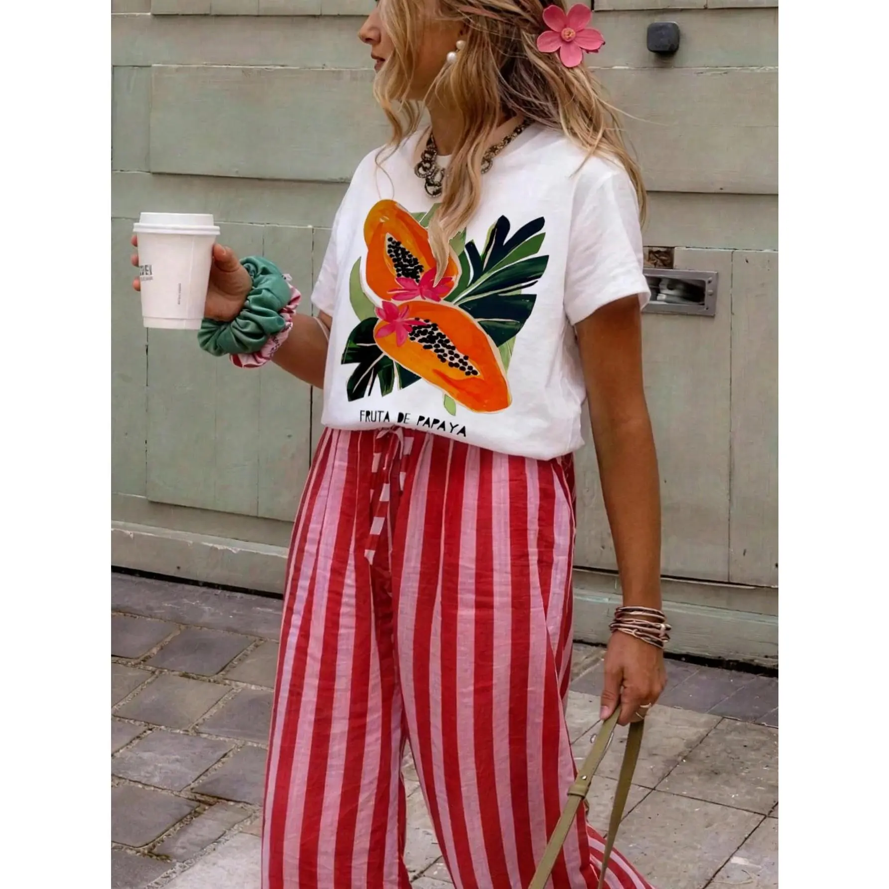 Womens Summer Graphic Tee Short Sleeve Crewneck Papaya Fruit Tropical Leaf Floral Print Top Casual Loose Fit Vacation Beach Outfit