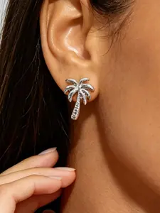 Tropical Style Earrings Set, Silver Color Pineapple Palm Tree Ear Jewelry, 2 Pcs Summer Beach Earrings, Minimalist Vacation Earrings