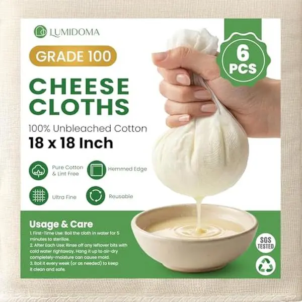 6Pcs Cheese Cloths for Straining 18x18 Inch, Grade 100 Reusable Cheesecloth Bags for Straining With Reinforced Edges, Unbleached Cotton Muslin Fabric Strainer for Baking, Juicing, Milk, Cheese, Crafts
