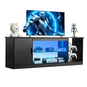 VEVOR TV Stand for TVs up to 65 inch, Modern Entertainment Center with Light Strip, Wooden TV Cabinet Storage with Glass Shelf and Adjustable Shelves, Console Table for Living Room and Bedroom, Black