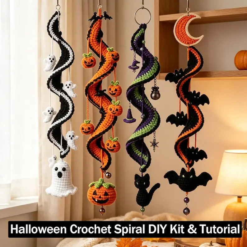 Halloween Crochet Spiral Wind Chime Ornament, Ghost Pumpkin Bat Black Cat Hanging Decor,Beginner Friendly Handmade Decor Gift