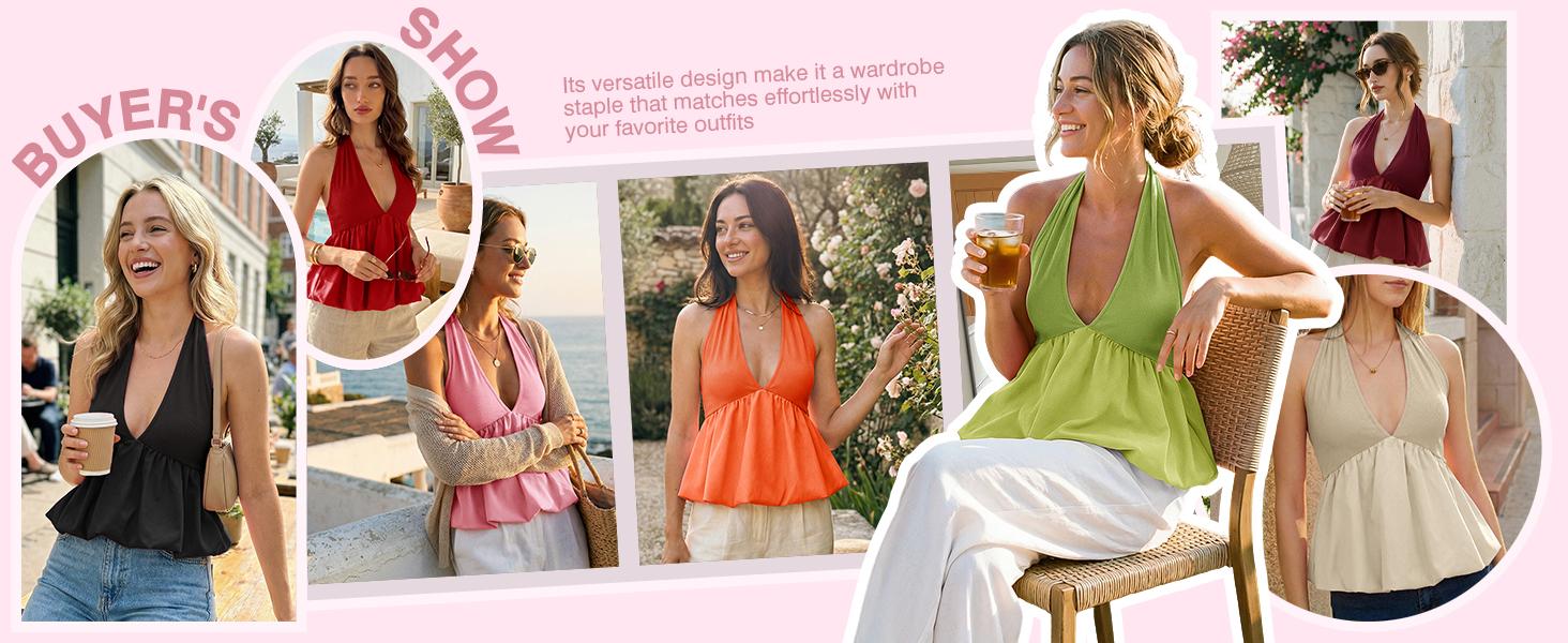 Tankaneo Womenswear Deep V Neck Halter Tank Tops Summer Trendy Casual Tie Back Sleeveless Shirts Bubble Hem Blouse Tees  Sexy Y2K streetwear