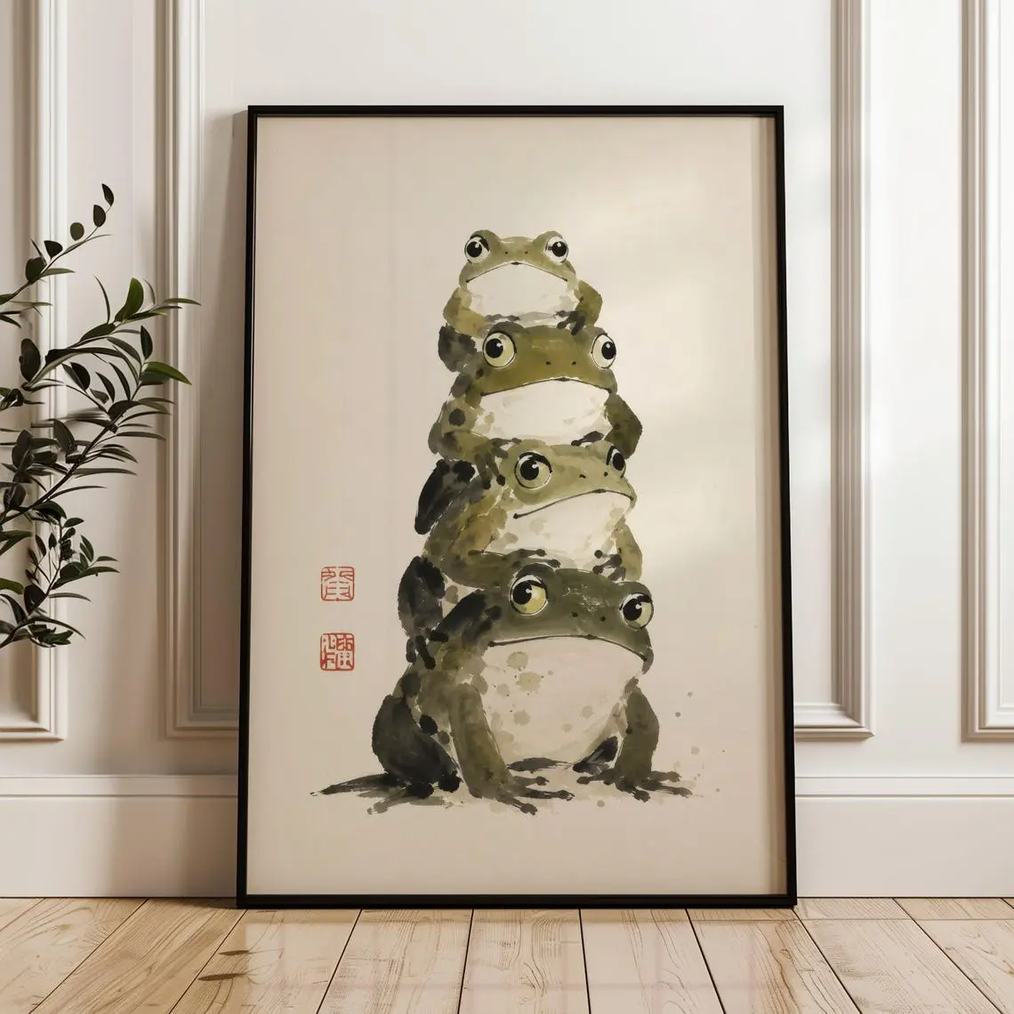 [No Frame] Stacked Frogs, Japanese Watercolor Wall Art Print, Asian Inspired Poster