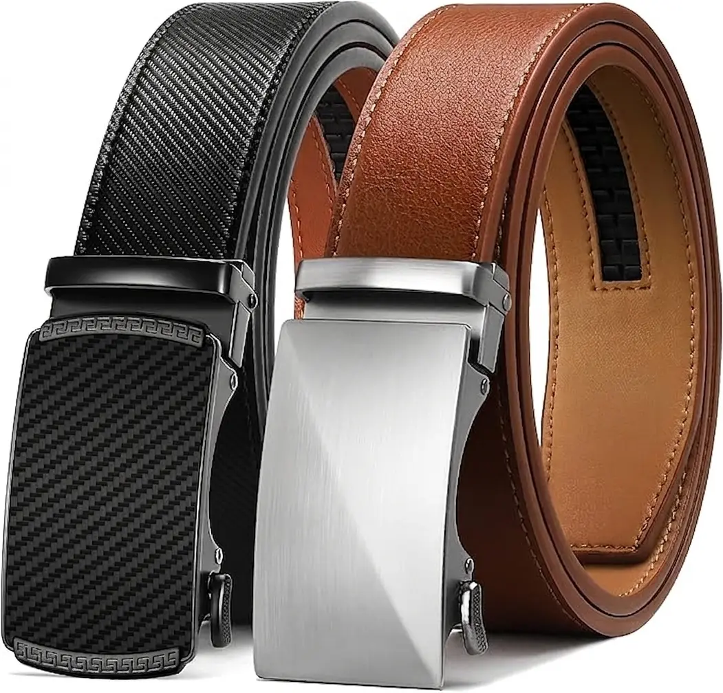 2 Pack Men's Fashion Belt, 35mm Designer Cowhide Leather Adjustable Belt with Easy-to-Use Ratchet Click Buckle for Jeans, Cowhide Belt