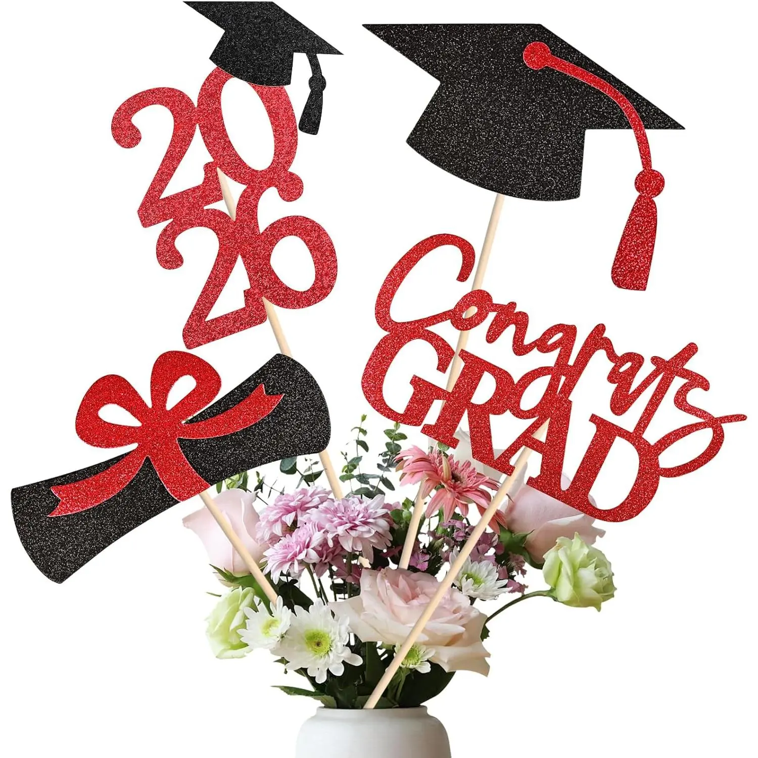 20 PCS Class of 2026 Graduation Party Decorations & Accessories - Black/Red Double-Sided Centerpieces, Grad Cap Sticks, Table Toppers Gifts, Prop for Adults' Graduation Ceremony Events