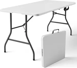 Folding Table, 5 FT Foldable Plastic Table with Carrying Handle, Heavy Duty Portable Fold-in-Half Utility Table for Party, Camping, Banquet, Craft, Wedding, Indoor & Outdoor Use