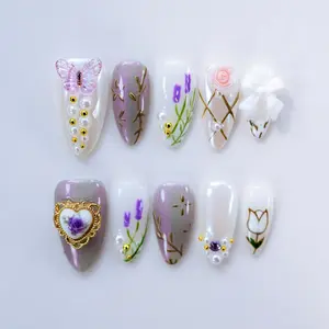 Fullovenail Almond Shape Purple Garden Handmade Press on Nail