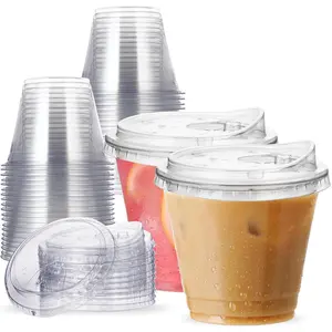 9 oz Clear Plastic Cups with Strawless-Sip-, 25 Sets Disposable Cups Plastic Iced Coffee Cups, To Go Cups with Sip Through  for Smoothie, Milkshake, Cold Drinks for Party, Wedding, Event