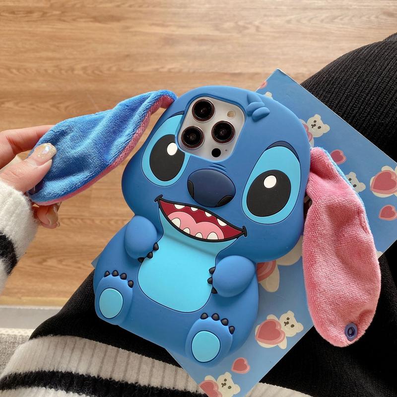 Disney 3D Stitch Plush Ears Phone Case with Carrying Handle for Kids Cute Character Design Protective Cover Soft Plush Material Easy to Use
