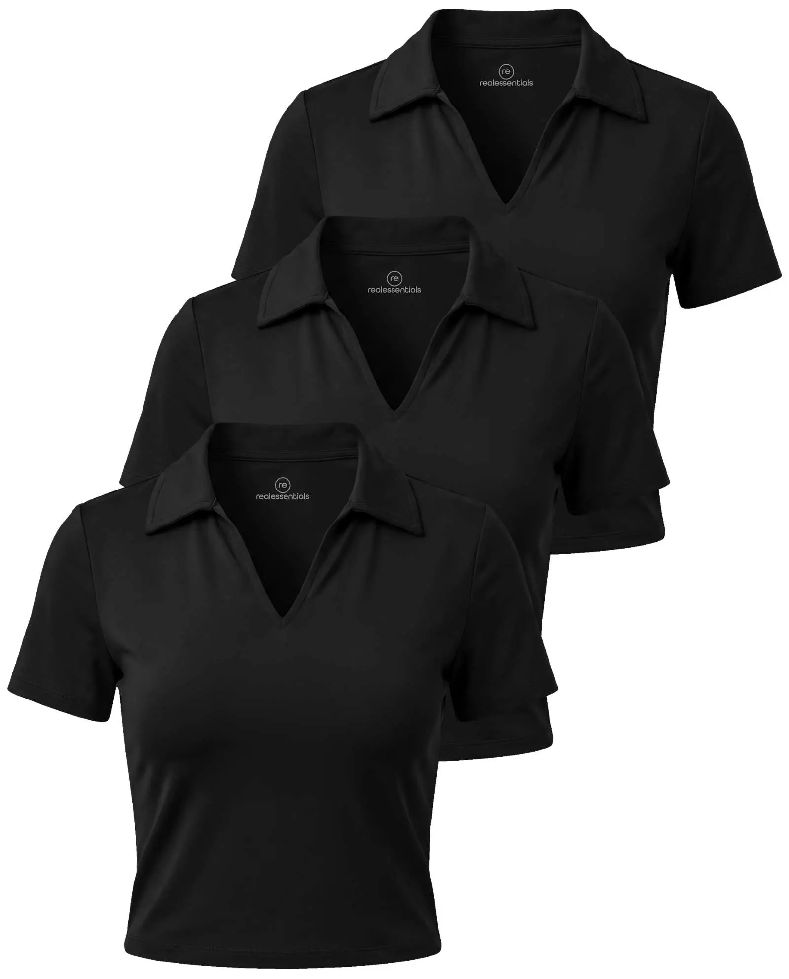 Real Essentials 3 Pack: Women's V Neck Crop Polo Shirts - Short Sleeve Sweater Dry Fit Golf Athletic Workout Collared Tops