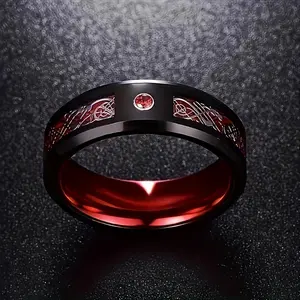 Black Tungsten Carbide Ring for Men - Dragon Pattern Inlaid, Red Cubic Zirconia Accented, Beveled Edge, Comfort Fit, Hypoallergenic, Scratch-Resistant, Wedding and Engagement Band