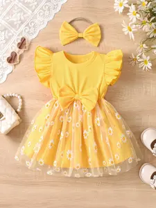 Baby Girl Daisy Print Mesh Princess Dress, Sleeveless Round Neck 3D Butterfly Knot Decoration, Casual Mesh Flower Print Dress + Butterfly Hairband, Floral Printed Dress