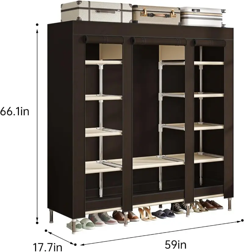 Portable Wardrobe with Metal Frame Easy Assembly Dust-Proof 11 Storage Spaces 1 Hanging Area for Dormitories Rental Roomsetal Closet Organization Furniture