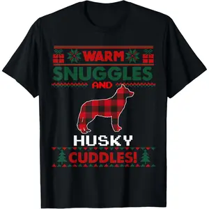 Siberian Husky Christmas Pajama Shirt Ugly Christmas Sweater T-Shirt, 100% Cotton, Single Side Printed, Black Short Sleeve T-shirt, 1 pc, Christmas Halloween Thanksgiving Gift