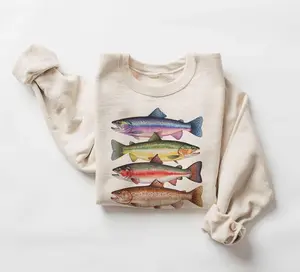 [Sale off up to 50%] Abstract Colorful Trout In A Row Sweatshirt - River Fish Trout Species Outfit - Fly Fishing Gift - Boho Unisex Crewneck Sweatshirt, unisex tee, streetwear graphic tee