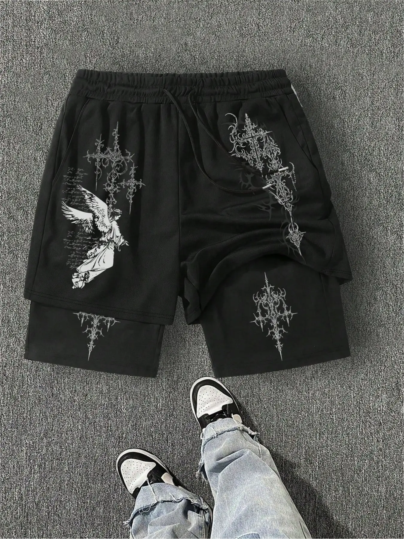 Y2K Gothic Angel & Cross Print 2-in-1 Layered Shorts Black Streetwear Dark Aesthetic Board Shorts