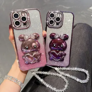 Anti-Drop Protective Phone Case Cover with Beaded Bracelet Stand, Rhinestone Heart Design, Fits iPhone 17 Pro Max, 17, 17 Pro, 16 Pro Max, More Smartphone Models
