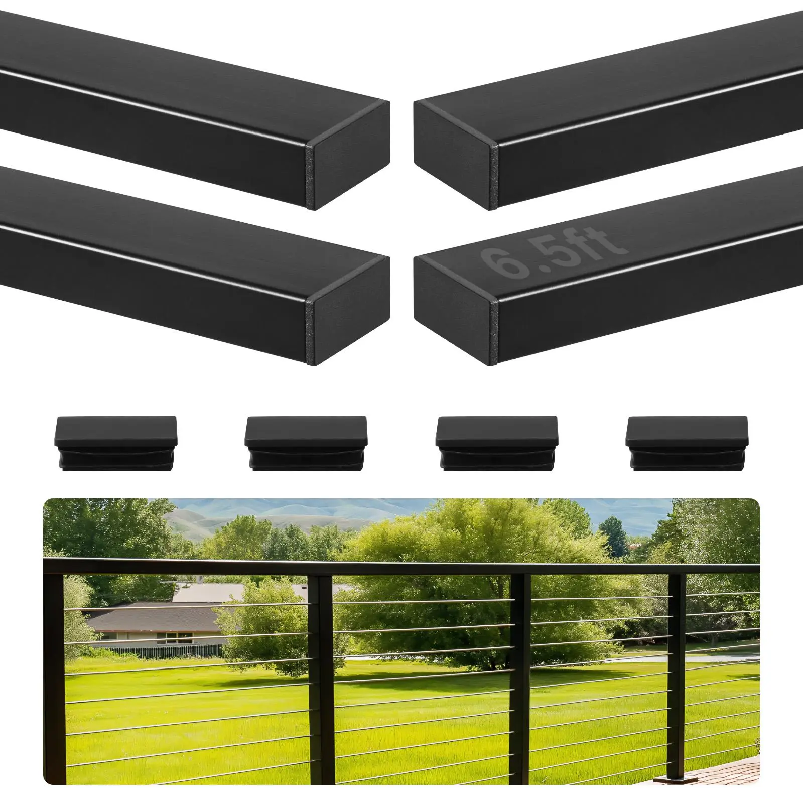 【SummerFinds】VEVOR 4 Pack 6.5 ft Stainless Steel Handrail, Rectangular Top Stair Deck Hand Rail for Outdoor/Indoor Steps with End Cap,Matte Black Coating Adjustable Metal Stair Rail for Cable Railing Kit