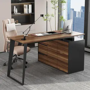 FUFU&GAGA Reversible Office Desk, Executive Computer Desk with Pop Out Doors & Adjustable Shelves, Metal Legs Workstation for Home,Wood Texture,Type H
