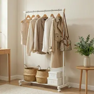 Metal Chrome Rolling Clothing Rack with Wheels, Adjustable Height White Indoor Furniture Garment Organizer