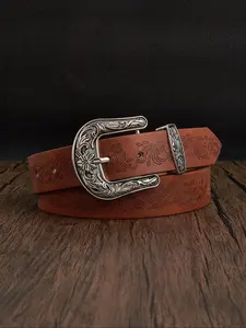 Women's Boho Style Floral Carved Pu Buckle Belt, Vintage Western Belt for Jeans & Dress, Fashion Accessories for Daily Use, Floral Engraved Buckle, Metallic Buckle