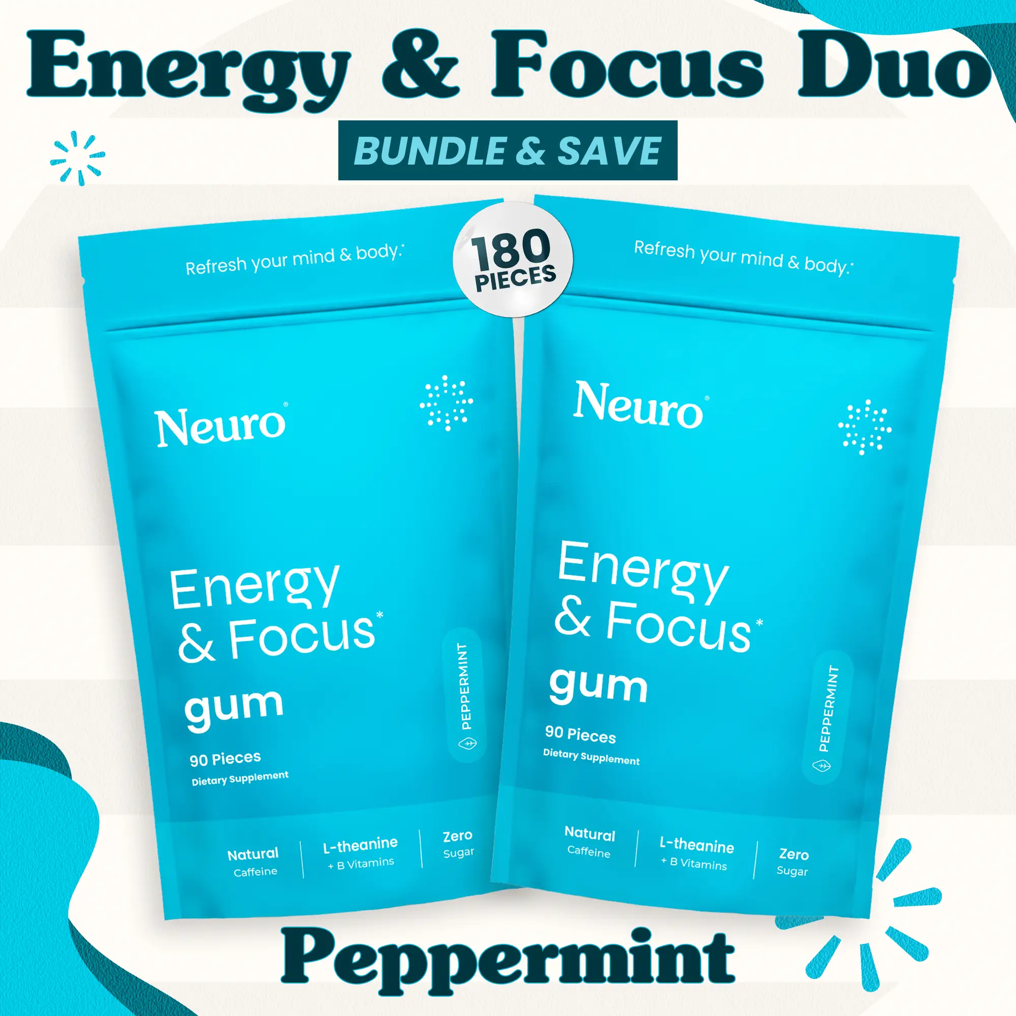 Energy & Focus Duo - Caffeine Gum - Peppermint (2-Bulk Pouches)