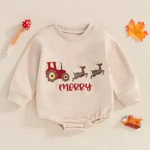 Baby Christmas Outfits Girl Boy Sweatshirt Romper Long Sleeve Crew Neck Reindeer Tractor Embroidery Bodysuit Newborn Playsuit Fall Winter