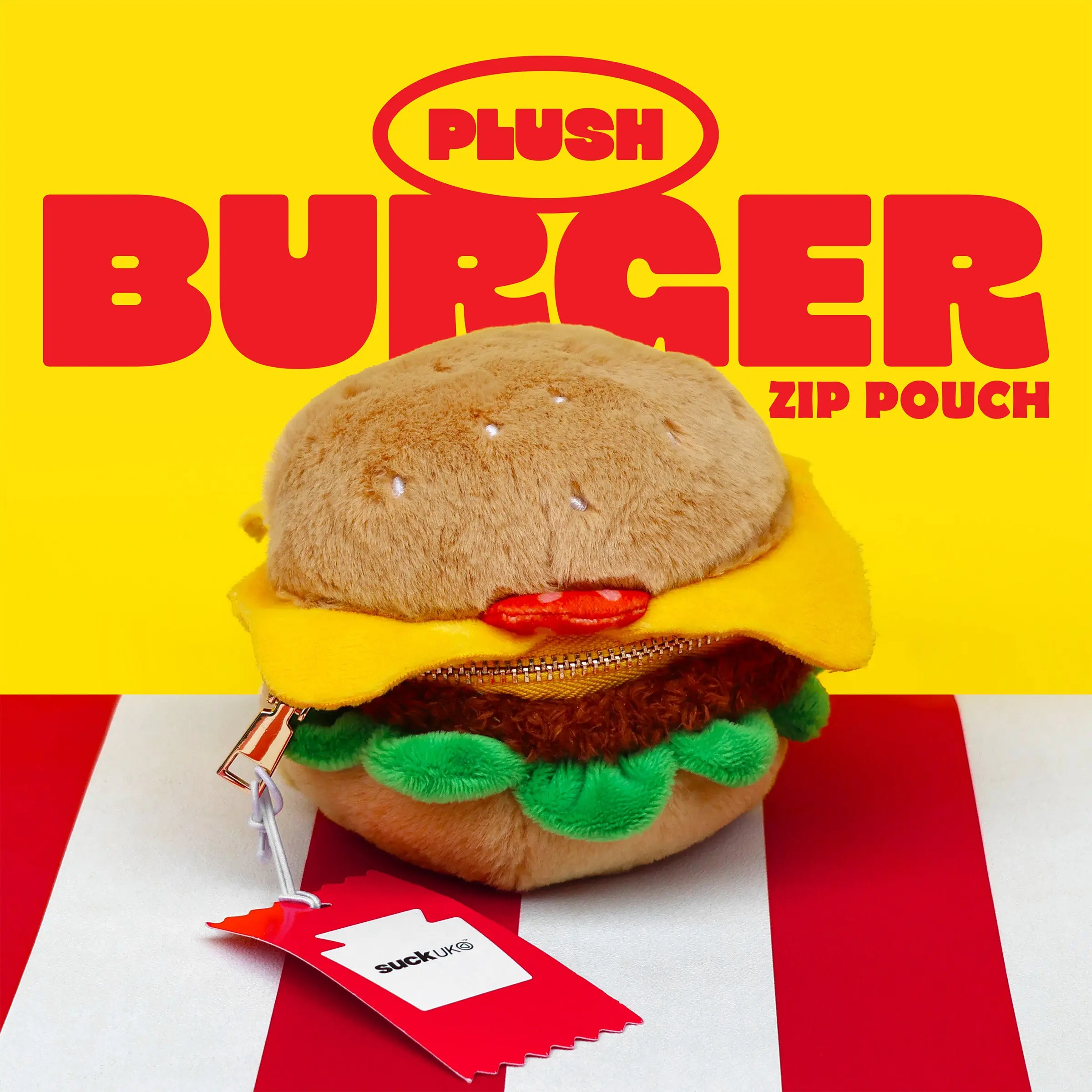 Suck UK Plush Burger Zip Pouch - Hamburger Shaped Pencil Case - Jewelry Bag - Back to School Supplies - Stationery - Cute Accessories - Cable Organizer - Gold Zipper