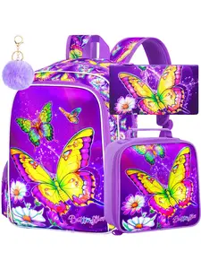16" Butterfly Backpack for Girls, 3Pcs Kids School Backpacks with Lunch Box, Bookbag for Elementary Preschool Kindergarten(Purple)