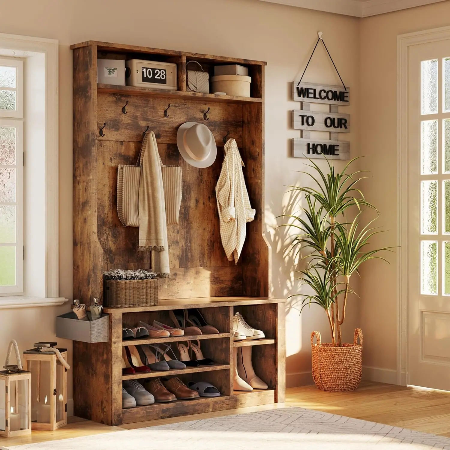Gizoon Sturdy Rustic Brown Wood Modern 3-in-1 Entryway Hall Tree - 39.4in D x 13.8in W x 70.9in H, Bench, Coat Rack, Adjustable Shoe Holder, Floor-Mounted Storage Cabinets, 2-Tier Top Home Organization Unit, Display Cabinets, Assembly Required