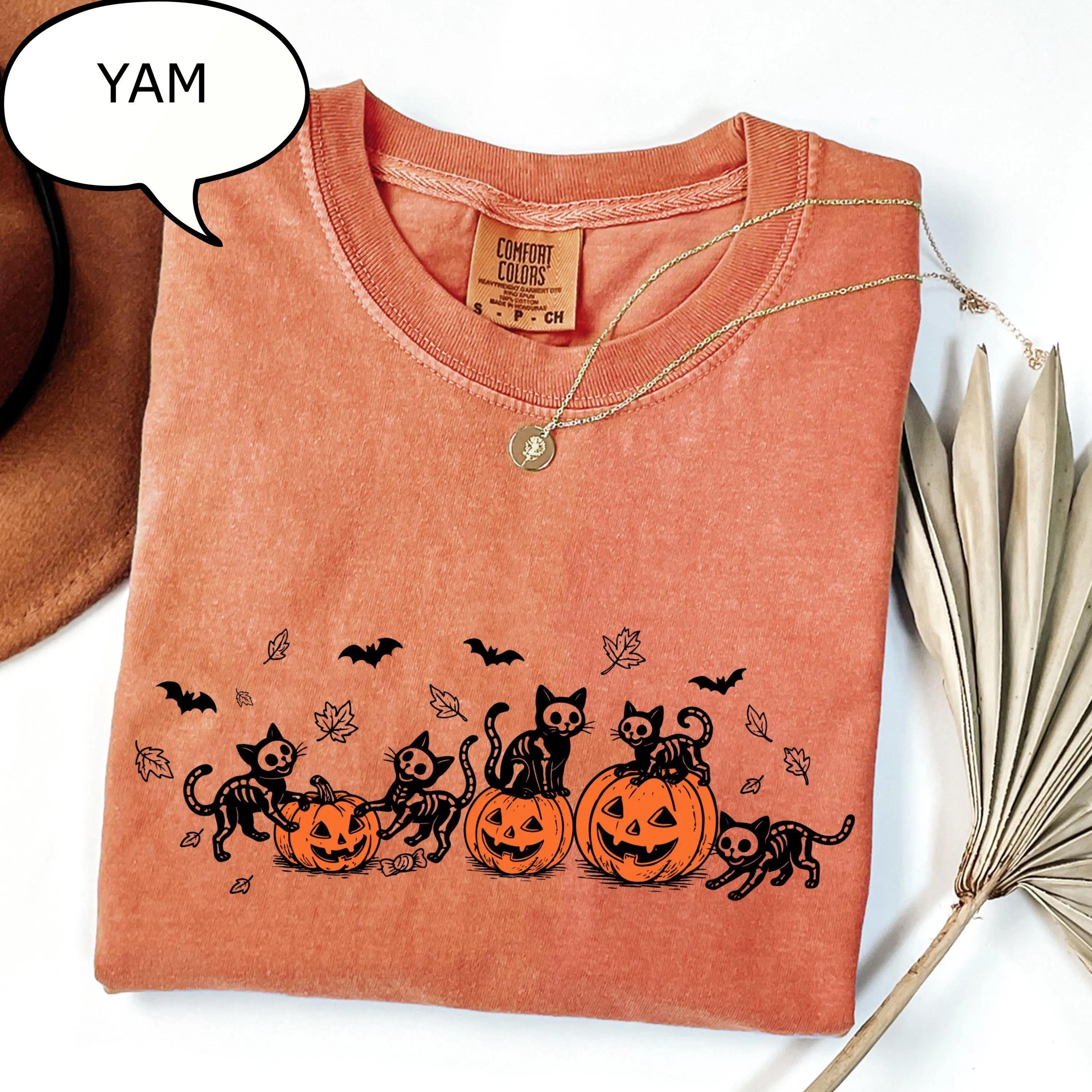 Comfort Colors Skeleton Cat Halloween T-Shirt , Black Cat Skeletons With Jack O Lantern Pumpkins And Bats Graphic Tee , Spooky Season Shirt , Pumpkin Patch Outfit , Halloween Gift For Cat Lovers…